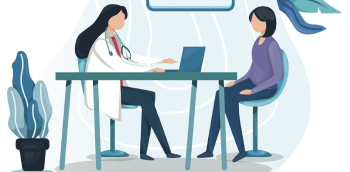 Illustration d'une consultation entre un médecin et une femme autour d'un bureau